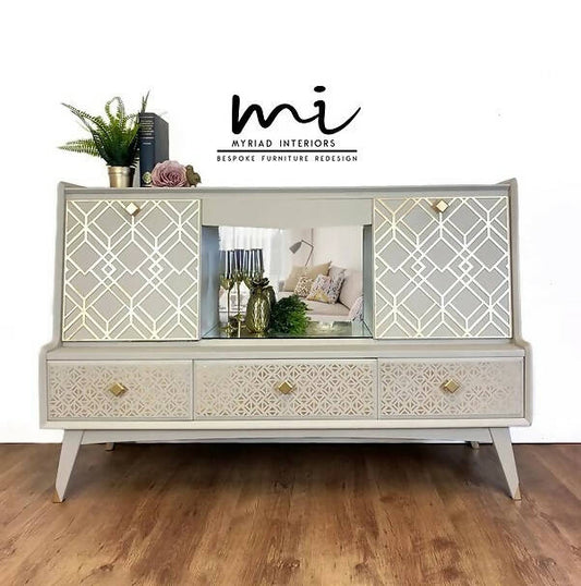 SOLD commissions available Vintage Neutral and gold Sideboard, Cocktail Cabinet, art deco drinks cabinet, retro highboard,