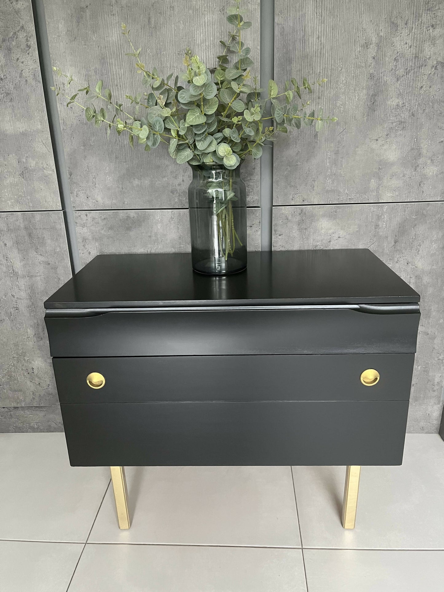 Refurbished mid century modern black and gold chest of drawers