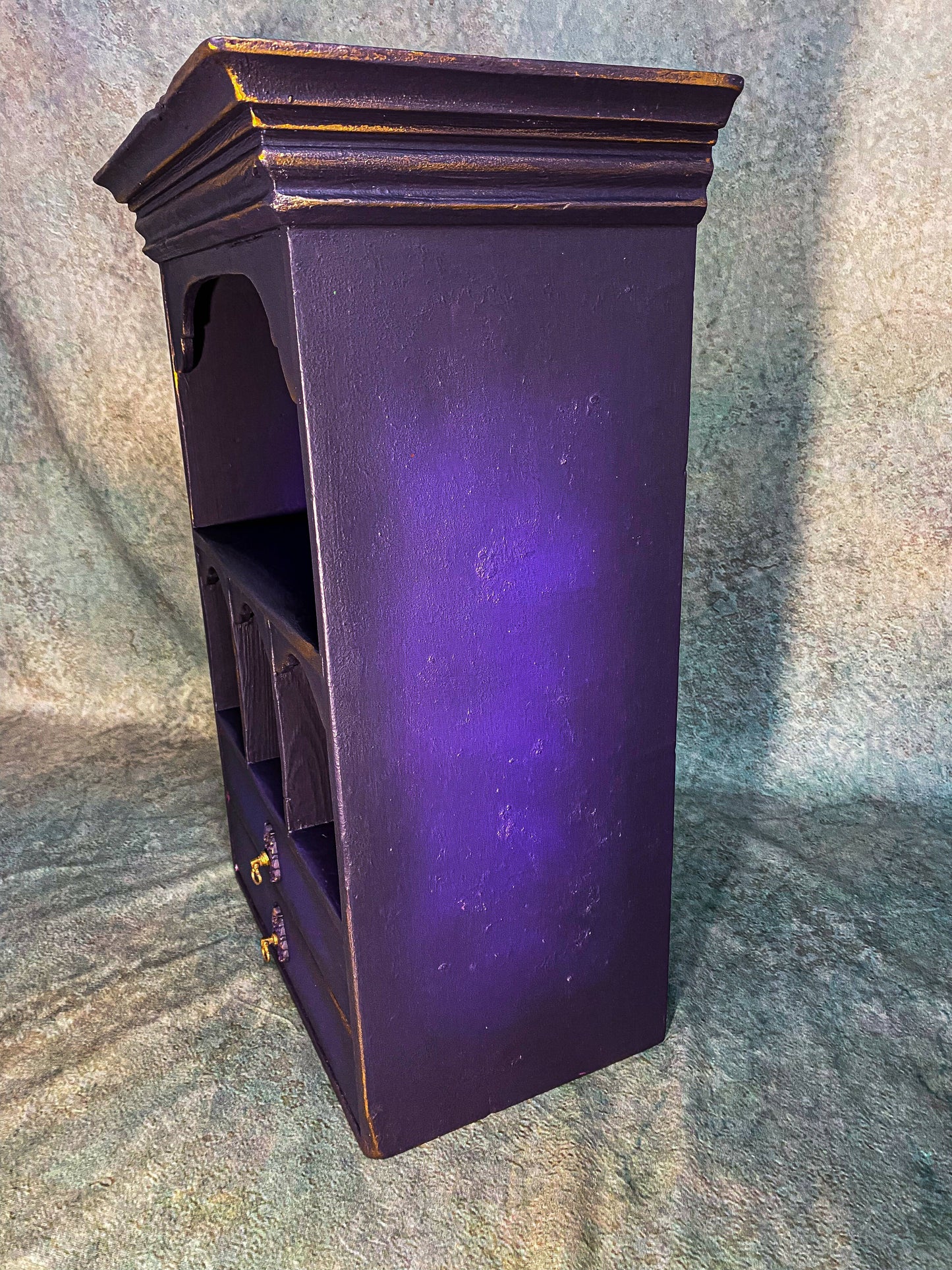 Apothecary cabinet wall mounted display shelf and drawers in purple & pink