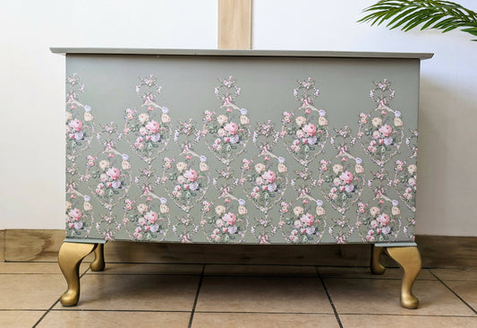 Vintage upcycled floral green and gold blanket box, Queen Anne legs storage chest, french style Ottoman