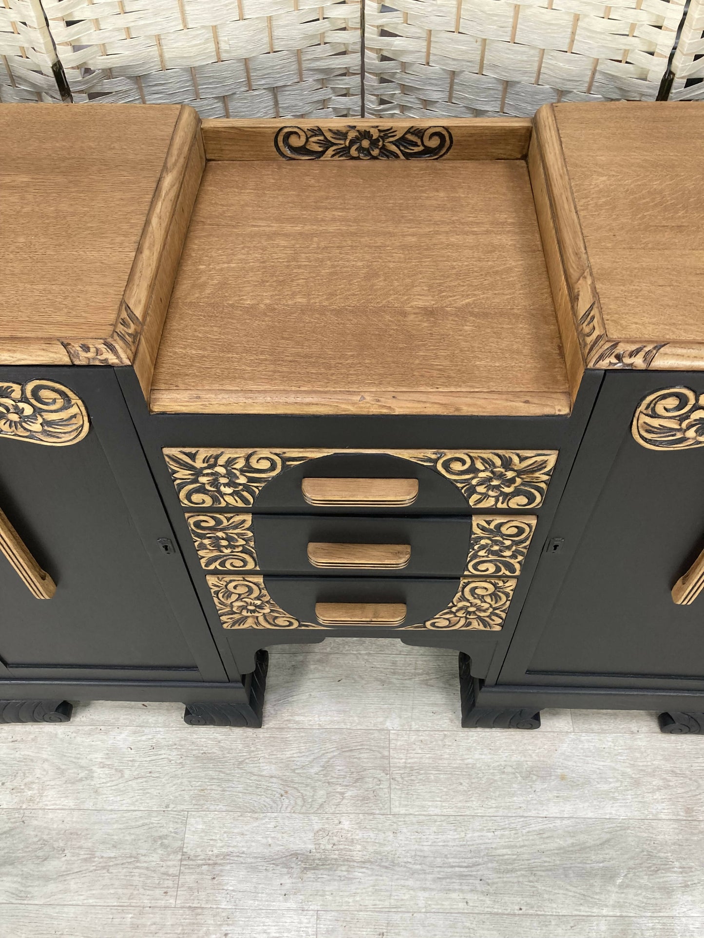 Art Deco Carved Sideboard/Buffet in Oak and Black