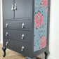 Off Black Oak Tallboy, drinks cabinet, linen cupboard, storage, Tall Cupboard with Drawers, upcycled, Cole & Son wallpaper