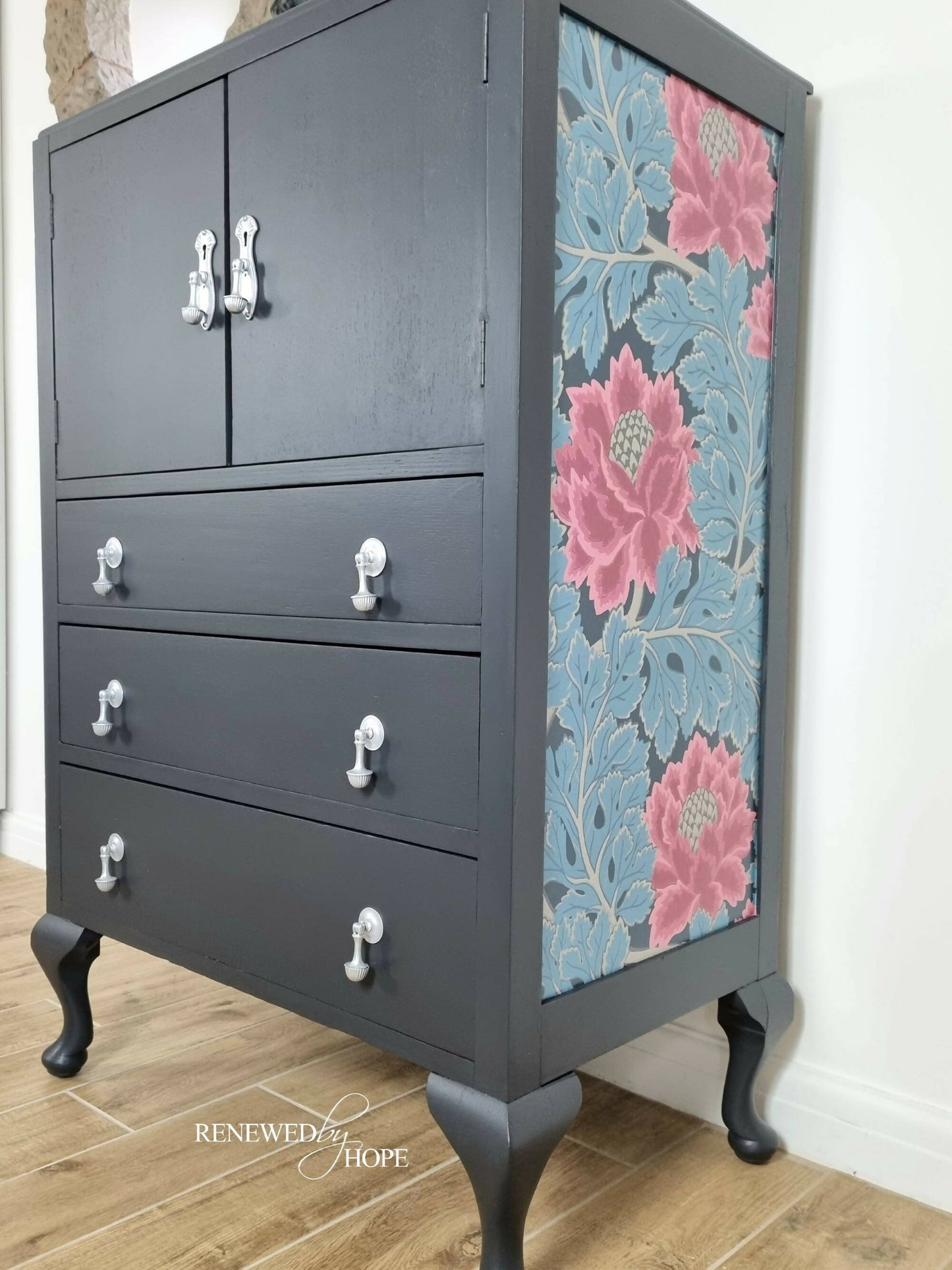 Off Black Oak Tallboy, drinks cabinet, linen cupboard, storage, Tall Cupboard with Drawers, upcycled, Cole & Son wallpaper