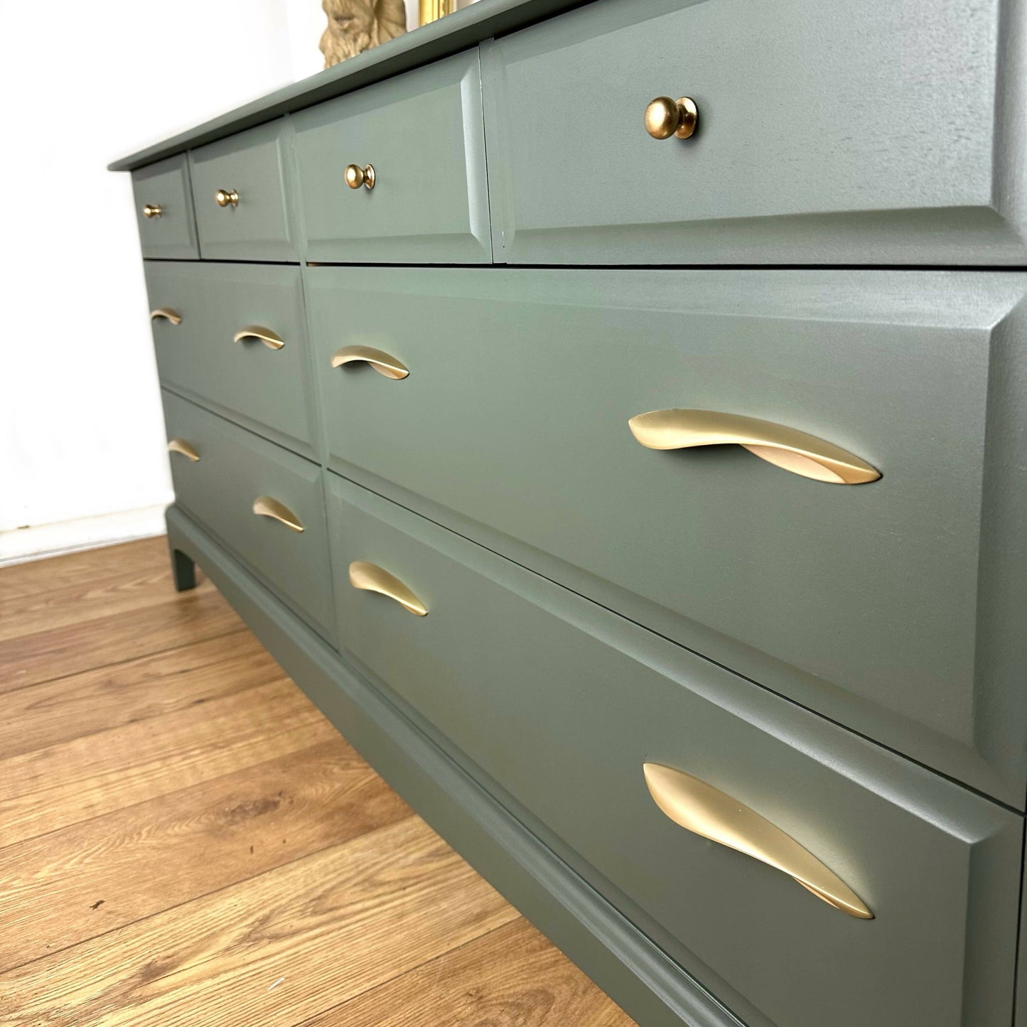 SOLD commissions available Refurbished Vintage Stag Minstrel Captains chest, large chest of drawers, mid century modern, olive green and gold, hand painted