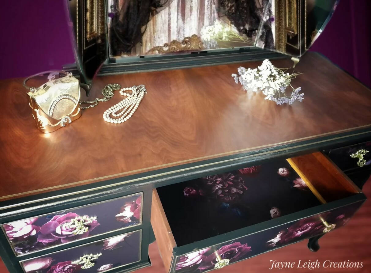 SOLD Black Floral Vintage Dressing Table