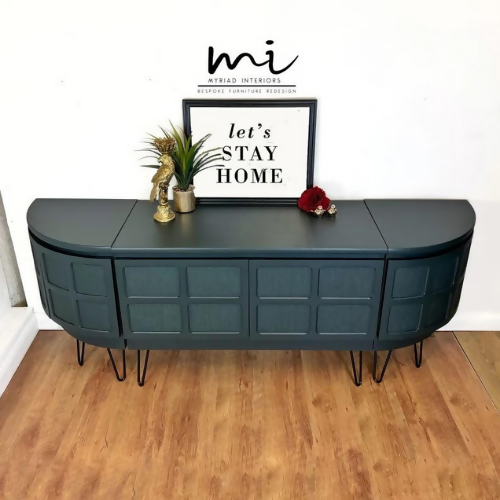 Refurbished mid century modern Nathan sideboard, retro drinks cabinet, TV media cabinet, dark green, decoupaged