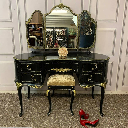 Carved Dressing Table With Mirror and Stool