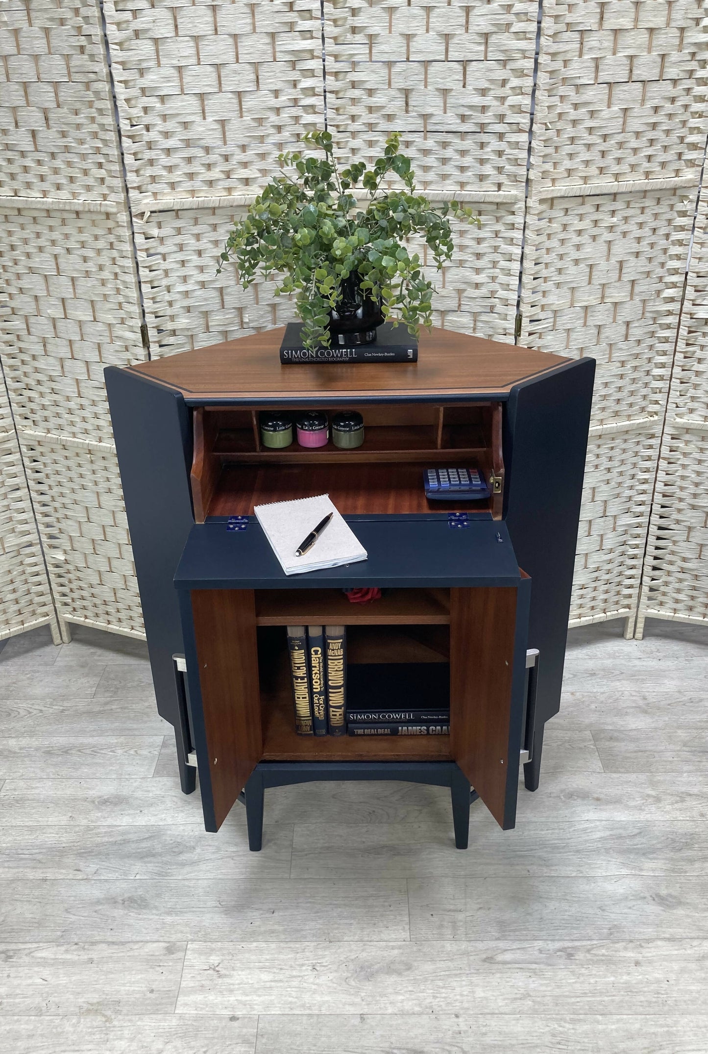 Retro Nathan Corner Bureau, Mid Century Modern, Hand Painted in Dark Blue - Nathan