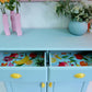 Vintage Pine Retro Sideboard, Teal Kitchen Cupboard Tropical Interior, 1970s Pastel Dopamine Decor Storage Unit, Yellow Cup Handles