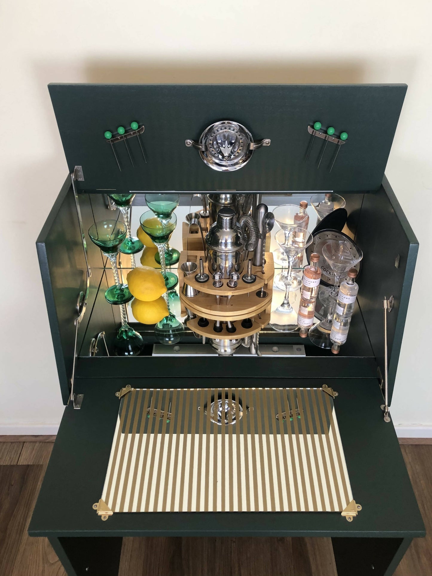 Mid Century Cocktail Cabinet, Drinks Cabinet, Home Bar in British Racing Green and Gold colour