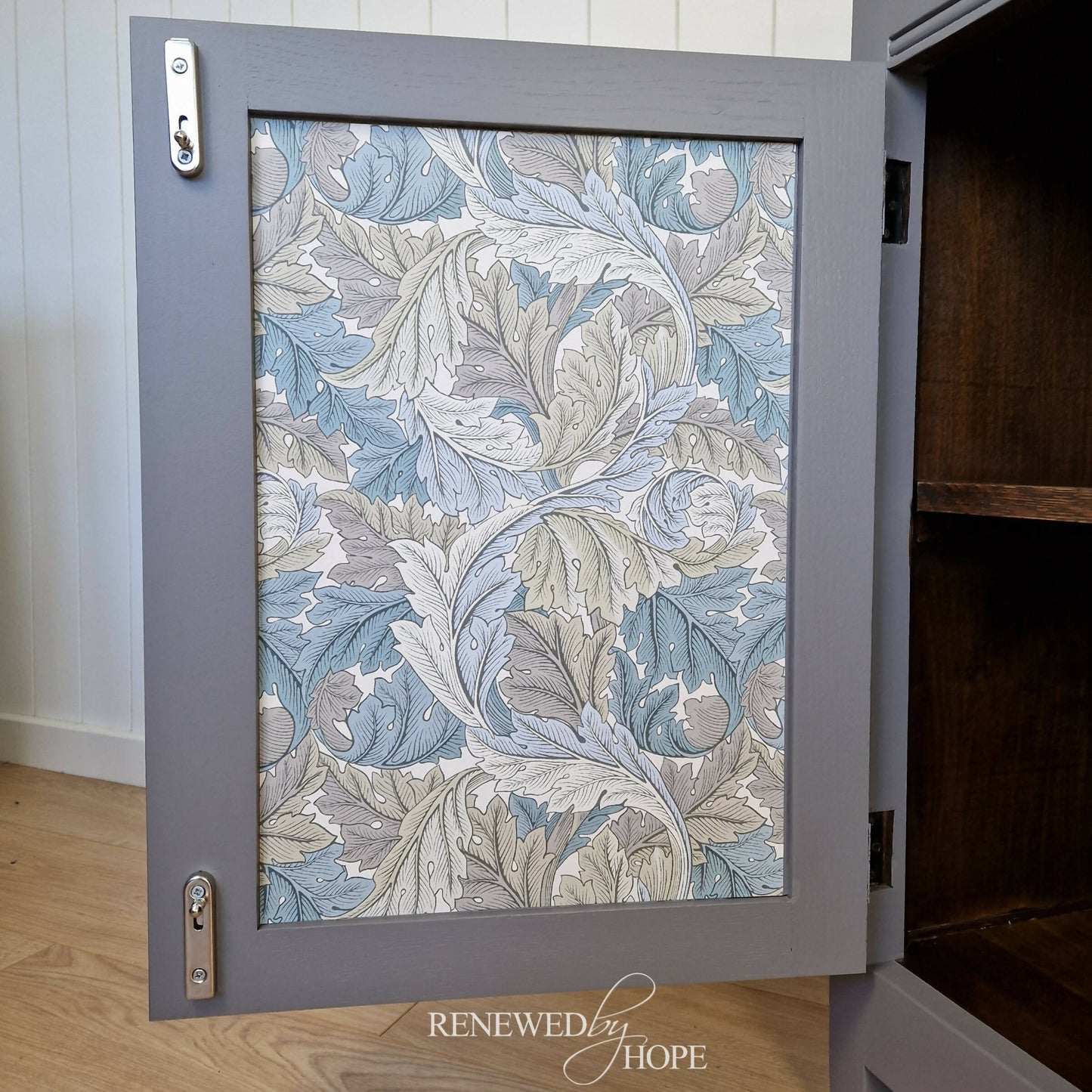 Grey Linenfold Sideboard with Morris Acanthus Wallpaper, Storage, Grey Cupboard