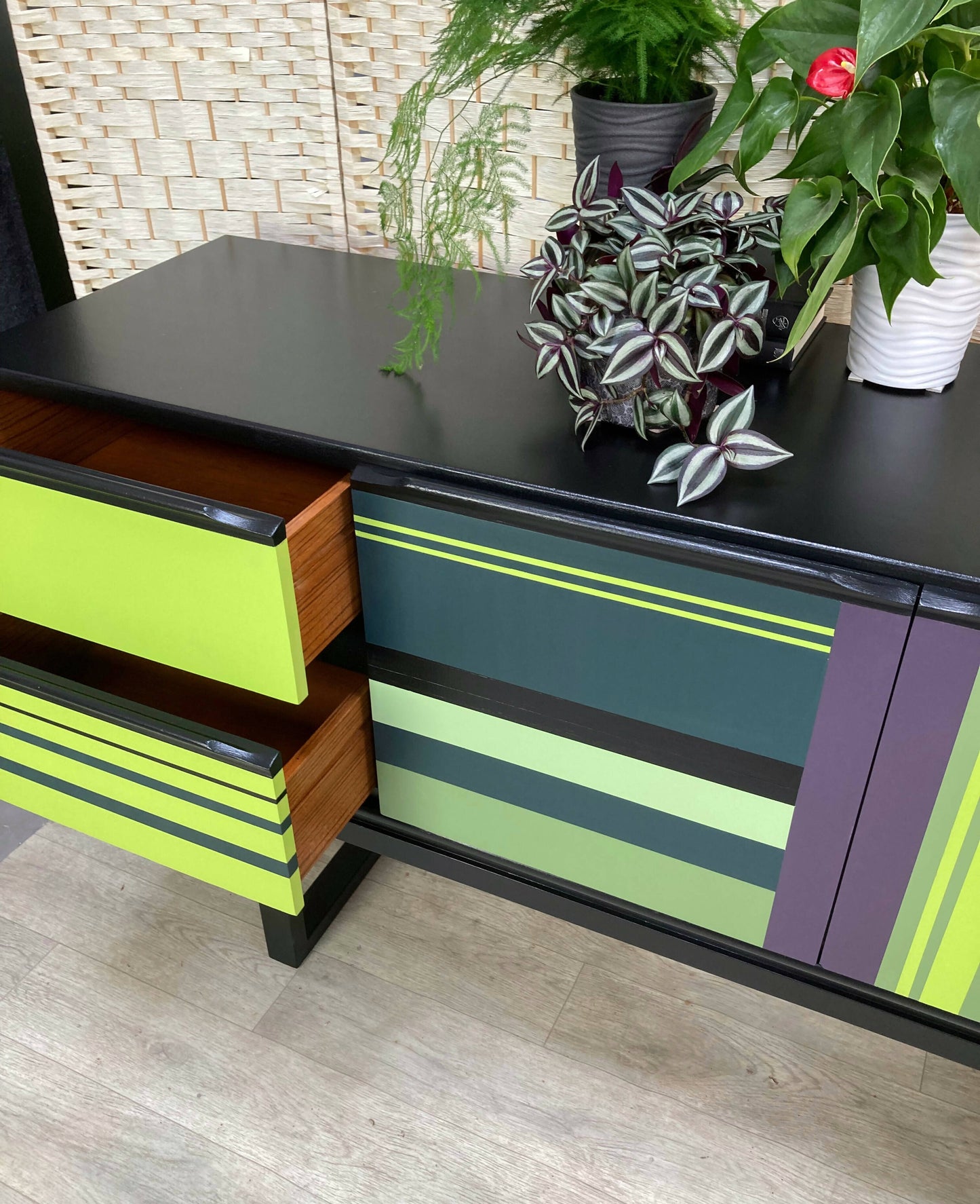Spacious and restyled extra large Mid Century Modern sideboard. Hand painted in black, purple and greens