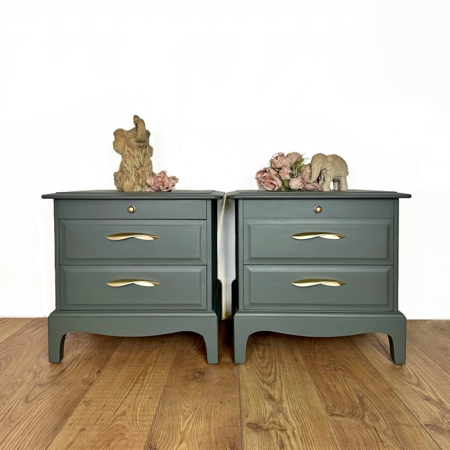 Refurbished Stag Minstrel bedside tables in olive green, vintage nightstands, upcycled, handprinted, drawers, dresser, chest, bedroom, pair