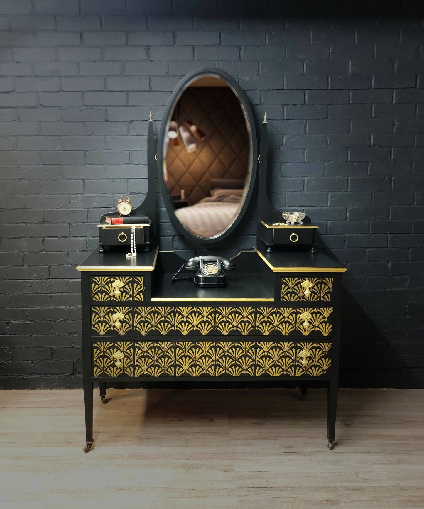 MADE TO ORDER: Original Vintage Painted Dressing Table, Art Deco Inspired Refinished Dressing Table in Black and Gold Leaf & stencilling, Hallway Table