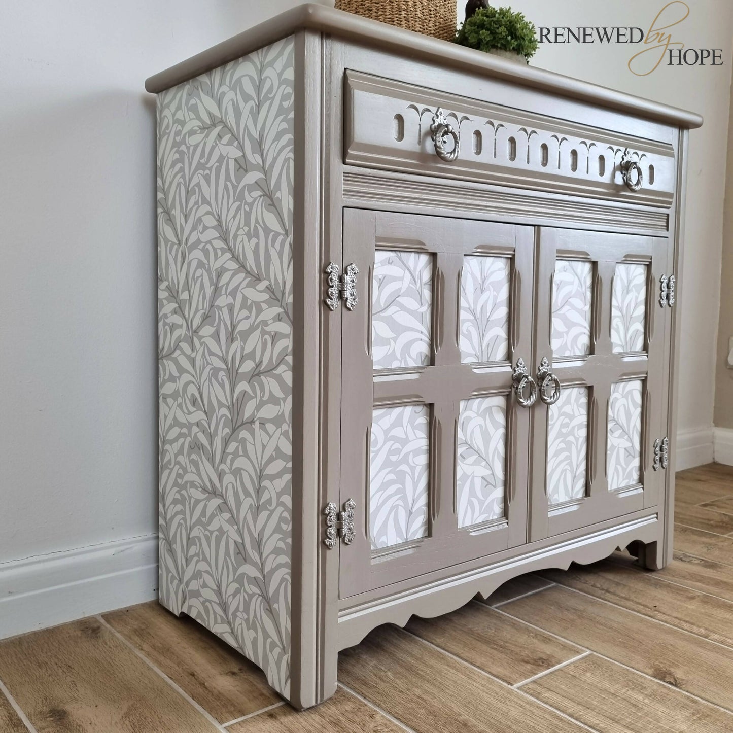 Neutral Sideboard, Old Charm Solid Oak Sideboard, Vintage Sideboard, William Morris Willow Bough, Small Hallway Storage Cupboard, Taupe