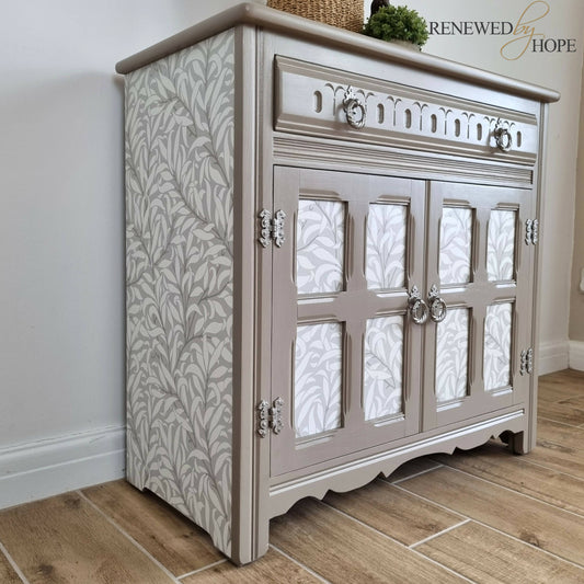 SOLD - Neutral Sideboard, Old Charm Solid Oak Sideboard, Vintage Sideboard, William Morris Willow Bough, Small Hallway Storage Cupboard, Taupe