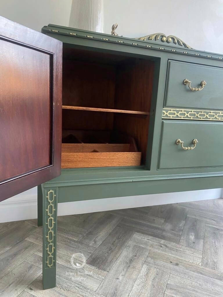 Vintage Dark Green Painted Sideboard with Gold Detail