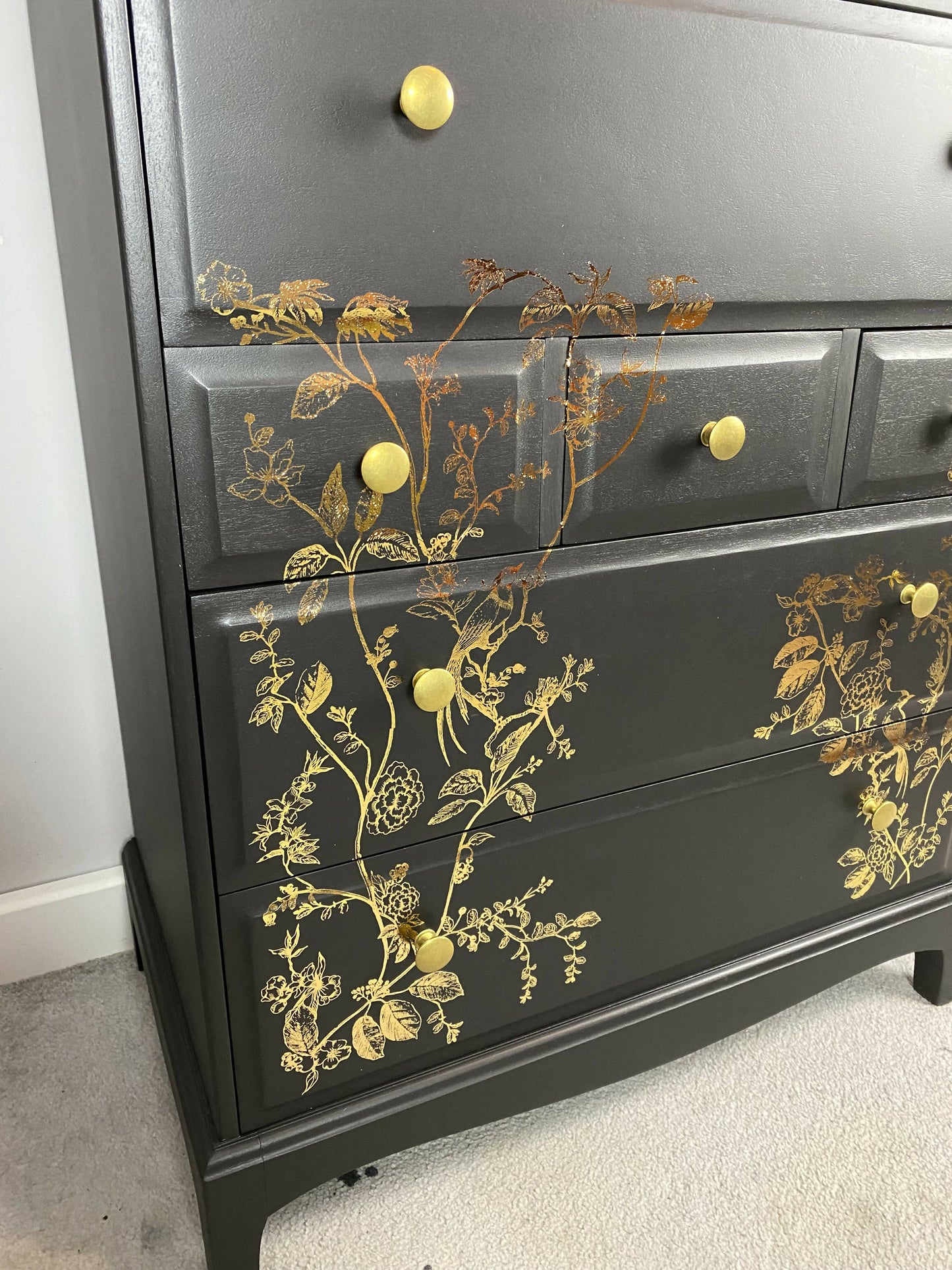 Stag tallboy drawers, black and gold stag chest of drawers, vintage chest of drawers