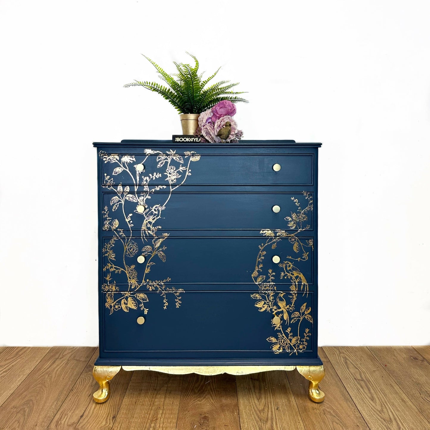 Pretty Refurbished vintage chest of drawers, navy blue with gold foil design