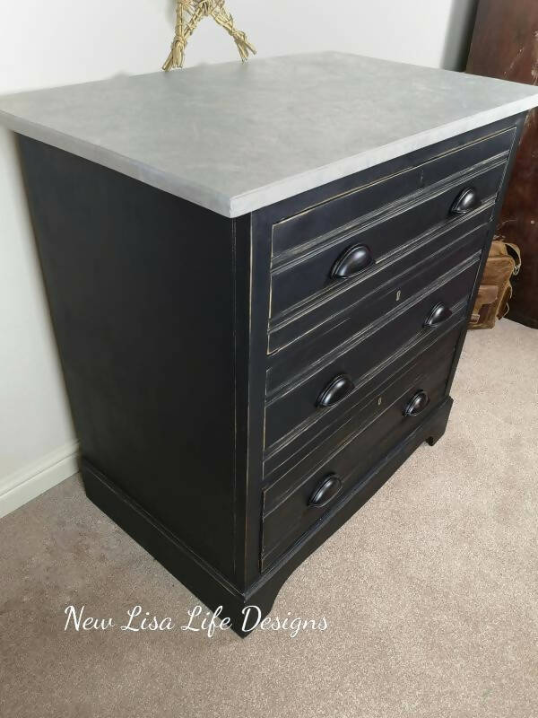 Black With Hand Painted "Marble" Effect Top. 3 Drawer Edwardian Chest. Cup Handles.