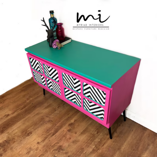 Bright refurbished Nathan sideboard, media unit, retro, pink, black, white, maximalist, kitsch console geometric - commissions available