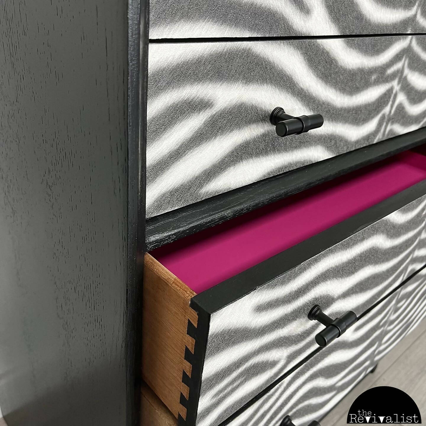 G PLAN CHEST OF DRAWERS WITH TEXTURED ZEBRA PRINT WALLPAPER