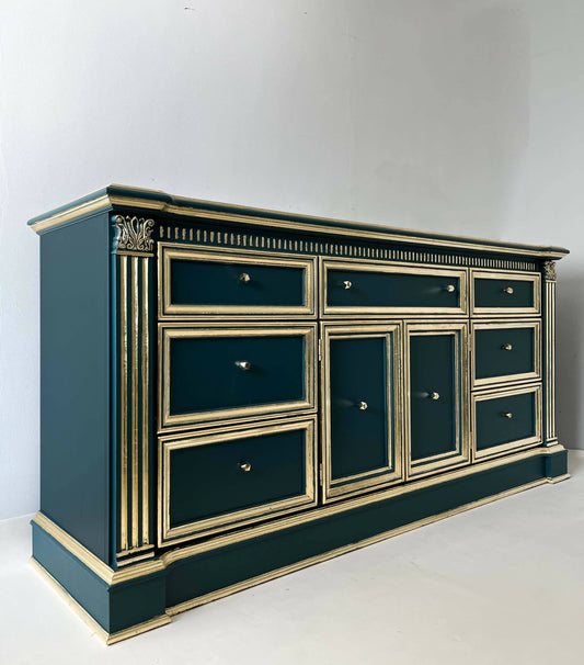 Luxury upcycled Georgian sideboard painted Teal green with gold leaf