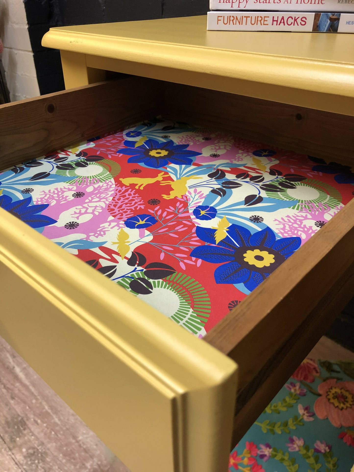 MADE TO ORDER: Yellow and pink console/hallway table/desk, with floral paper drawer lining