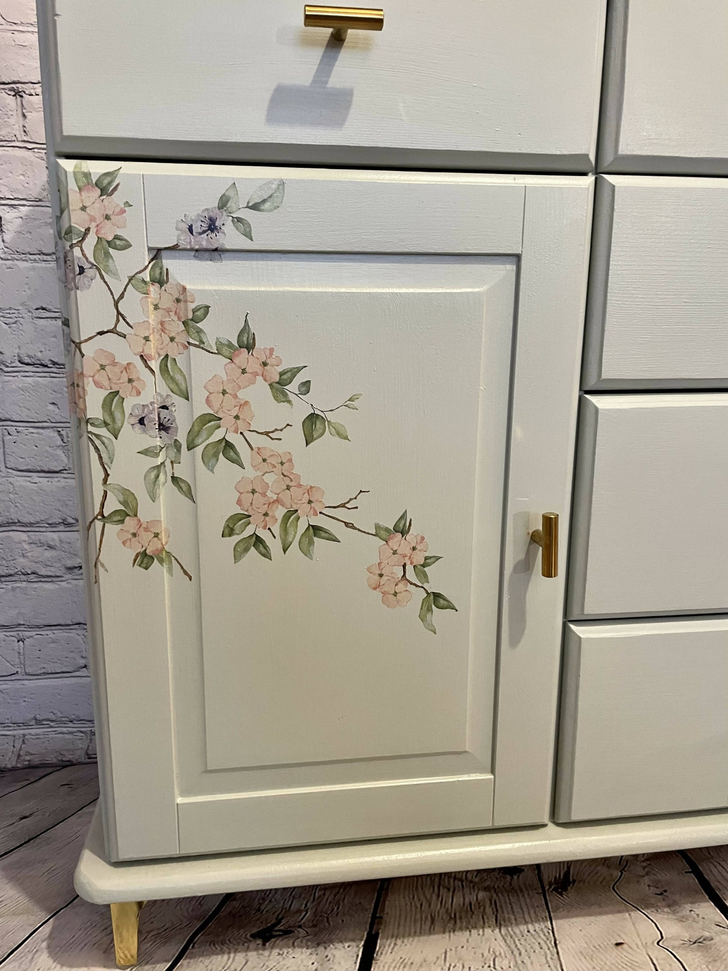 SOLD Hand painted grey/green sideboard with beautiful cherry blossom decoupaged flowers