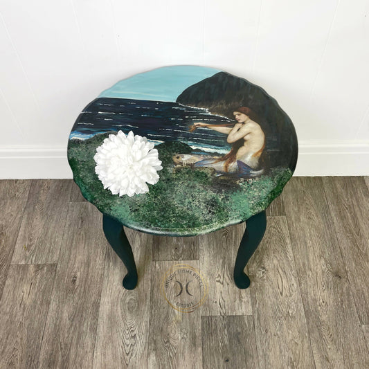 Dark Green Round Coffee Table with Mermaid Designed Top