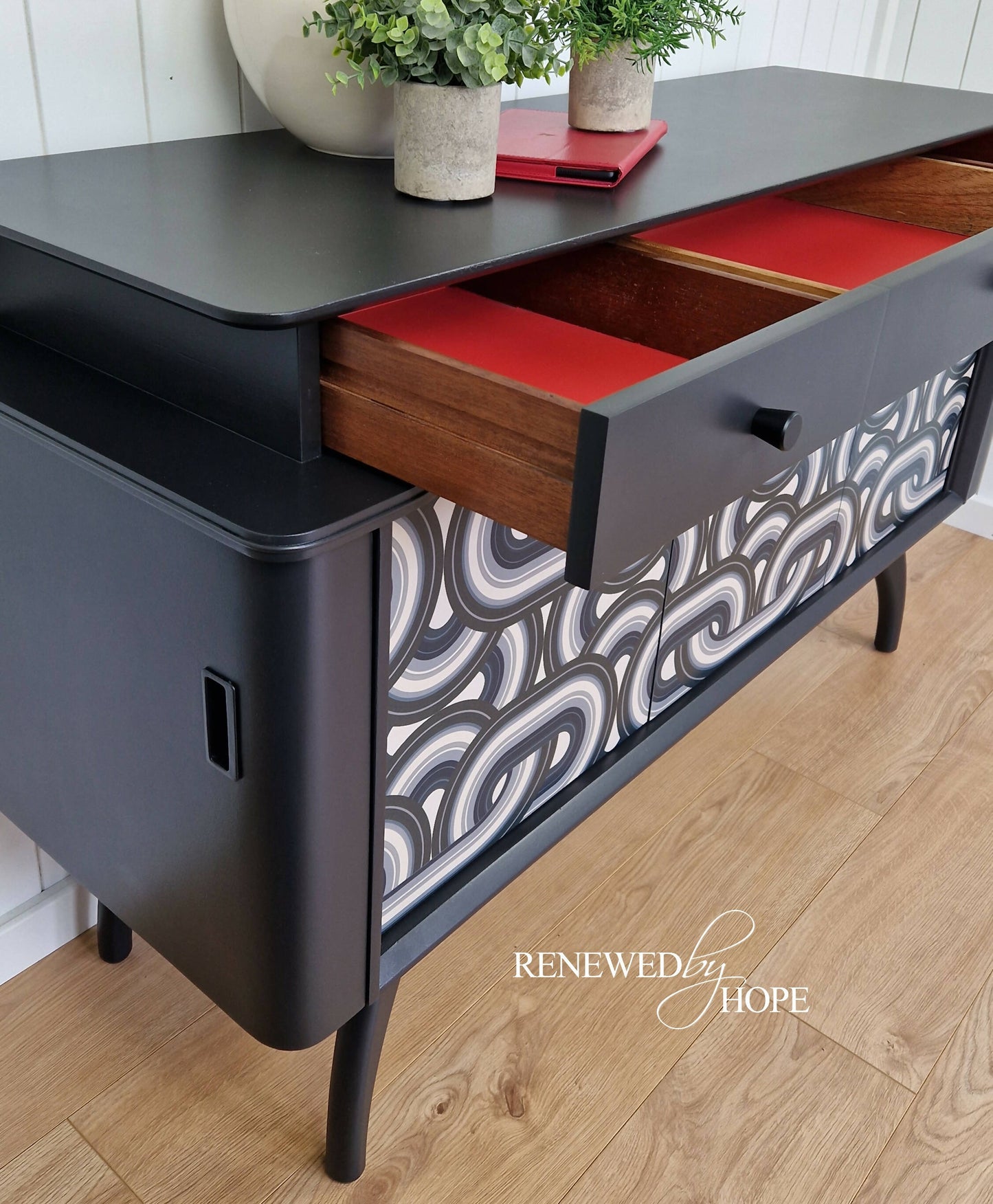 Black Mid Century Modern Beautility Sideboard. Bold geometric design. Upcycled Drinks Cabinet.