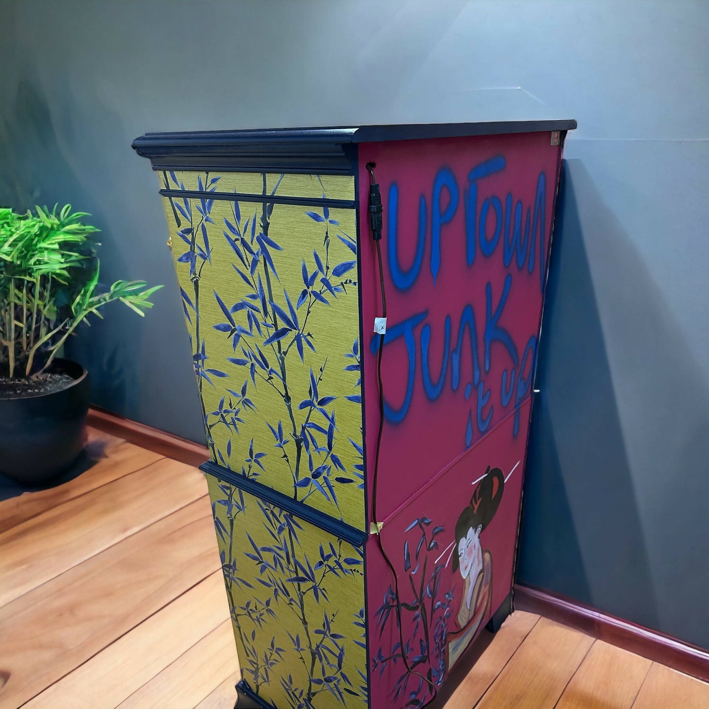 Hand painted cocktail cabinet enrobed in a stunning Japanese style bamboo leaf print.