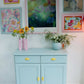 Vintage Pine Retro Sideboard, Teal Kitchen Cupboard Tropical Interior, 1970s Pastel Dopamine Decor Storage Unit, Yellow Cup Handles