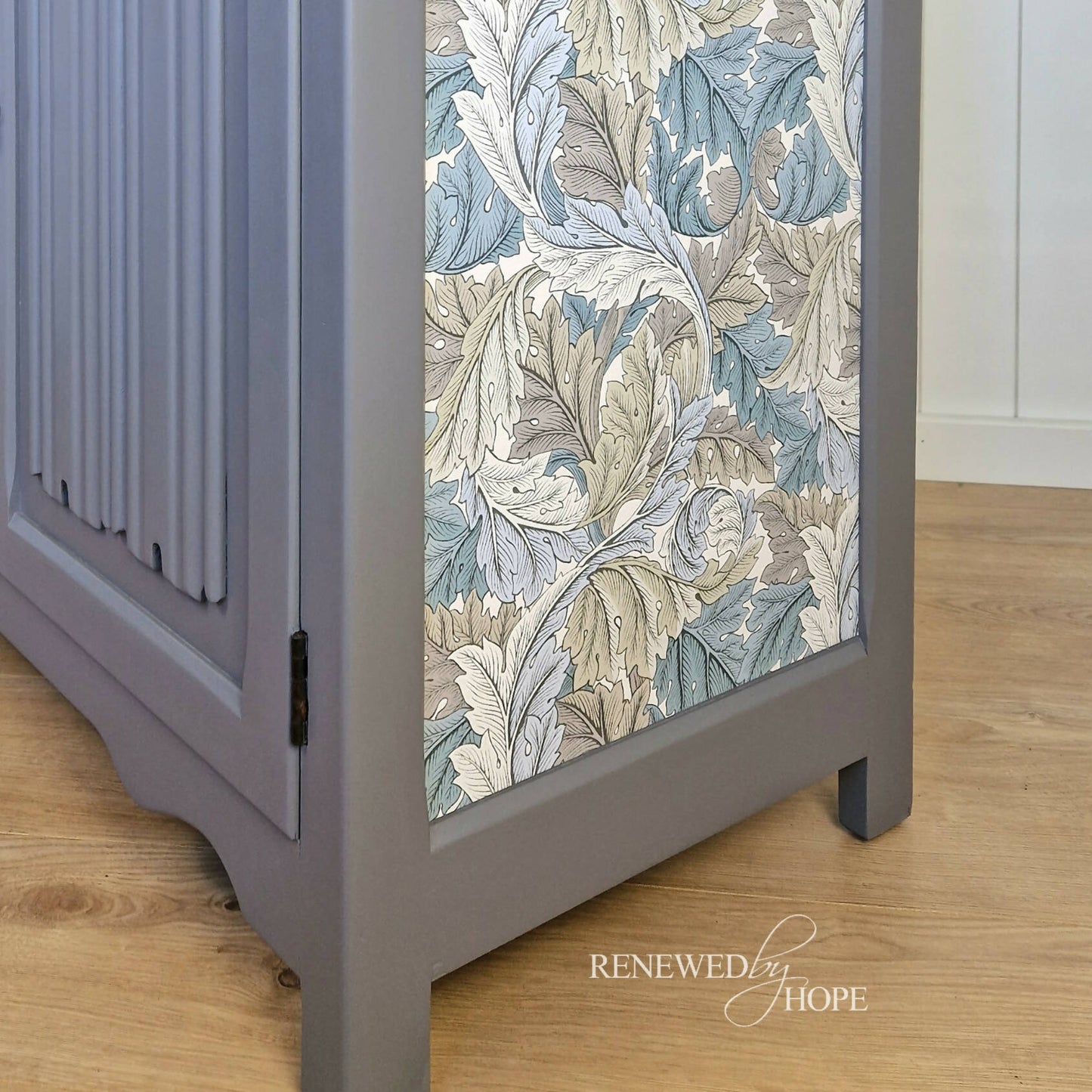 Grey Linenfold Sideboard with Morris Acanthus Wallpaper, Storage, Grey Cupboard