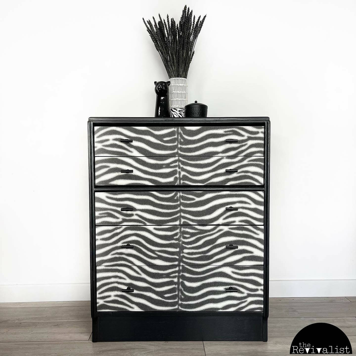 G PLAN CHEST OF DRAWERS WITH TEXTURED ZEBRA PRINT WALLPAPER