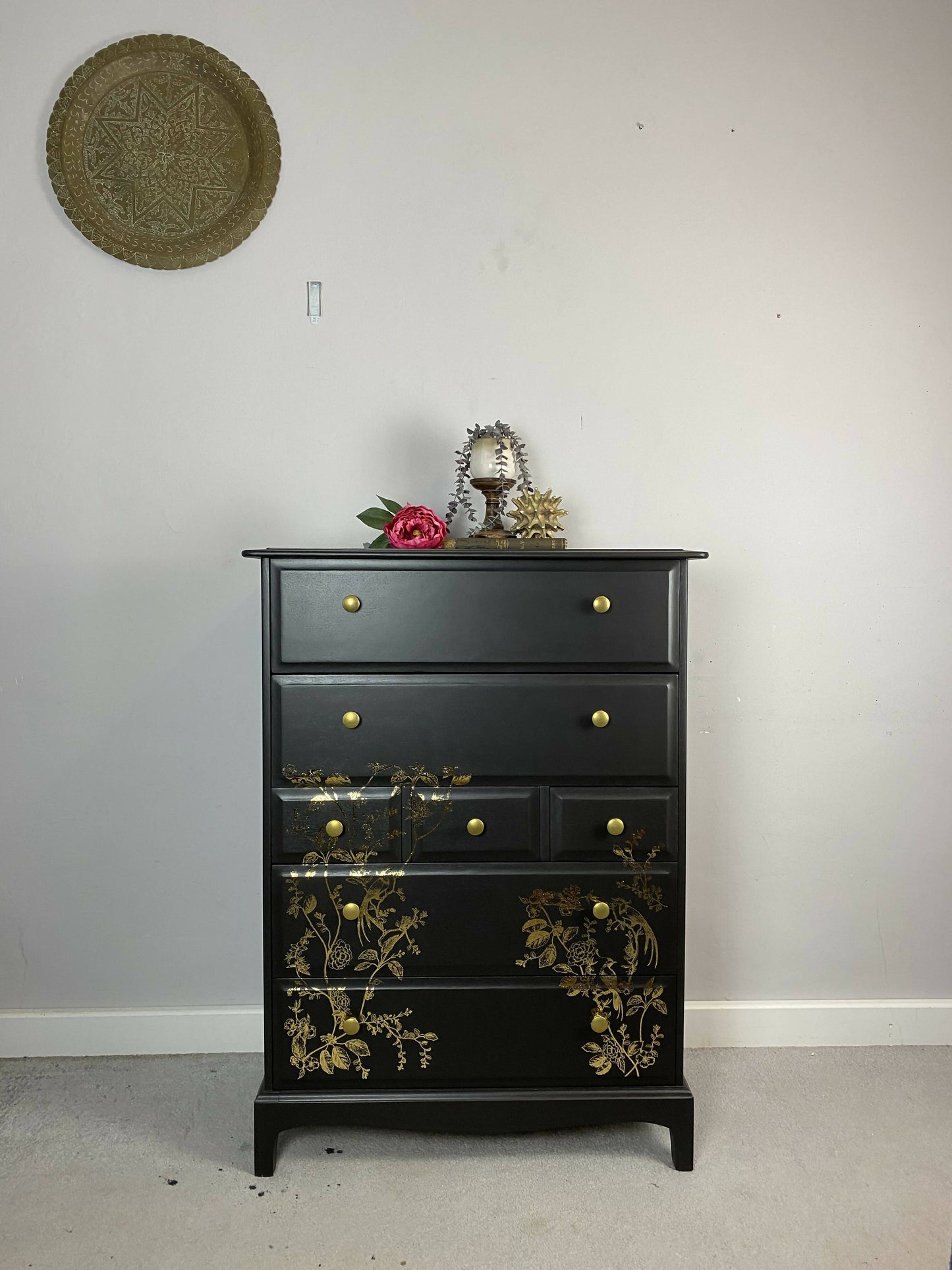 Stag tallboy drawers, black and gold stag chest of drawers, vintage chest of drawers