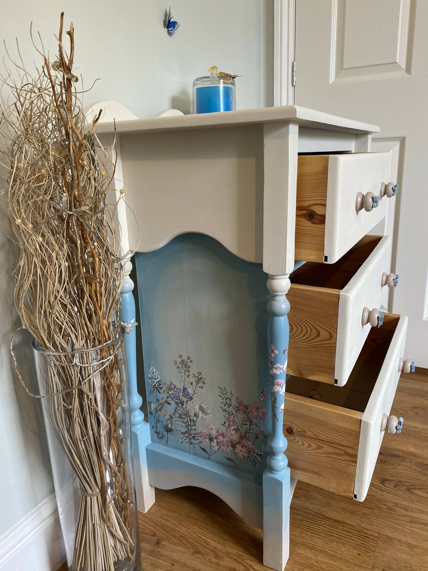 Painted solid pine cream and blue chest of drawers with 3 drawers under /children’s bedroom furniture