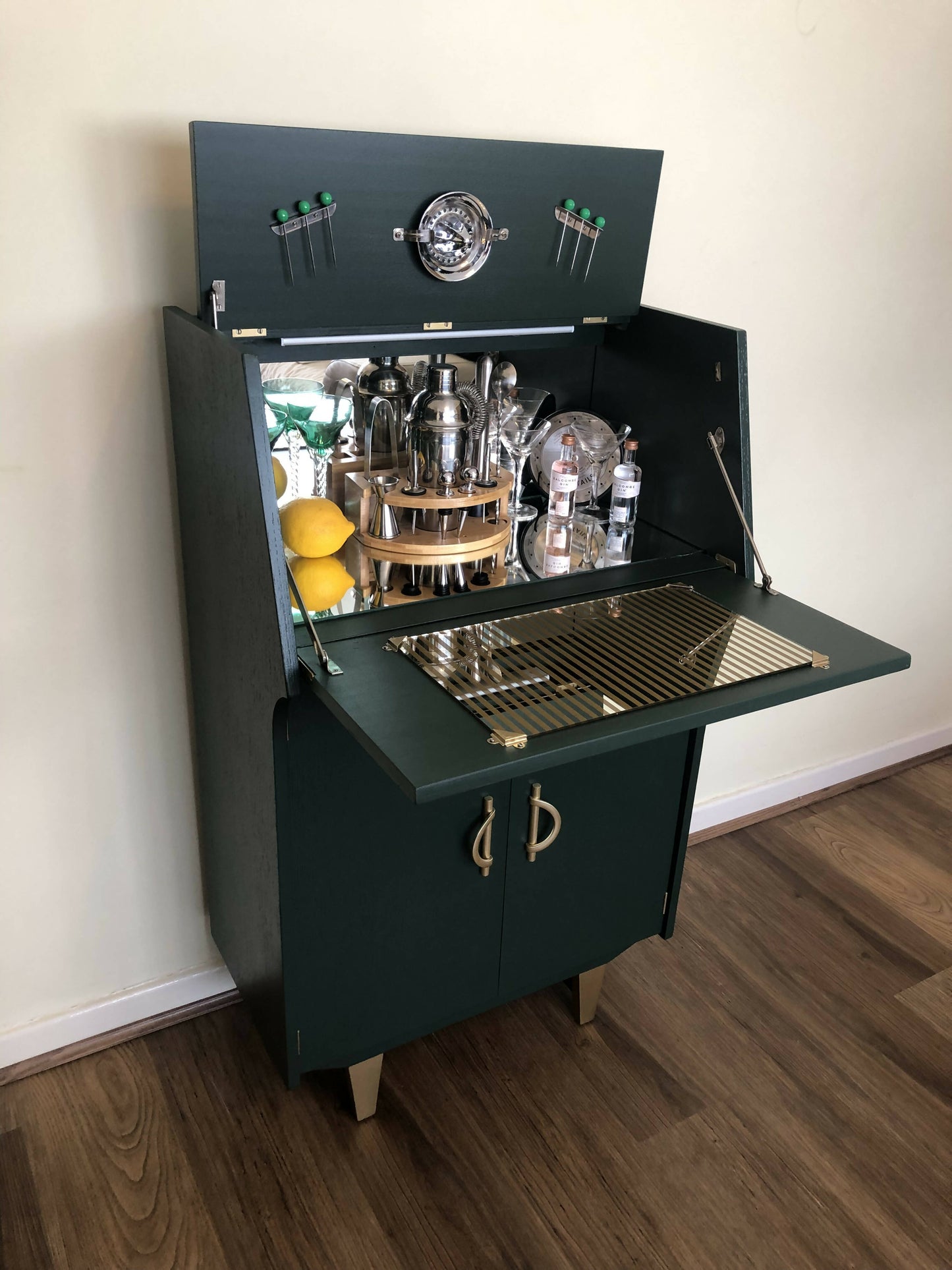 Mid Century Cocktail Cabinet, Drinks Cabinet, Home Bar in British Racing Green and Gold colour