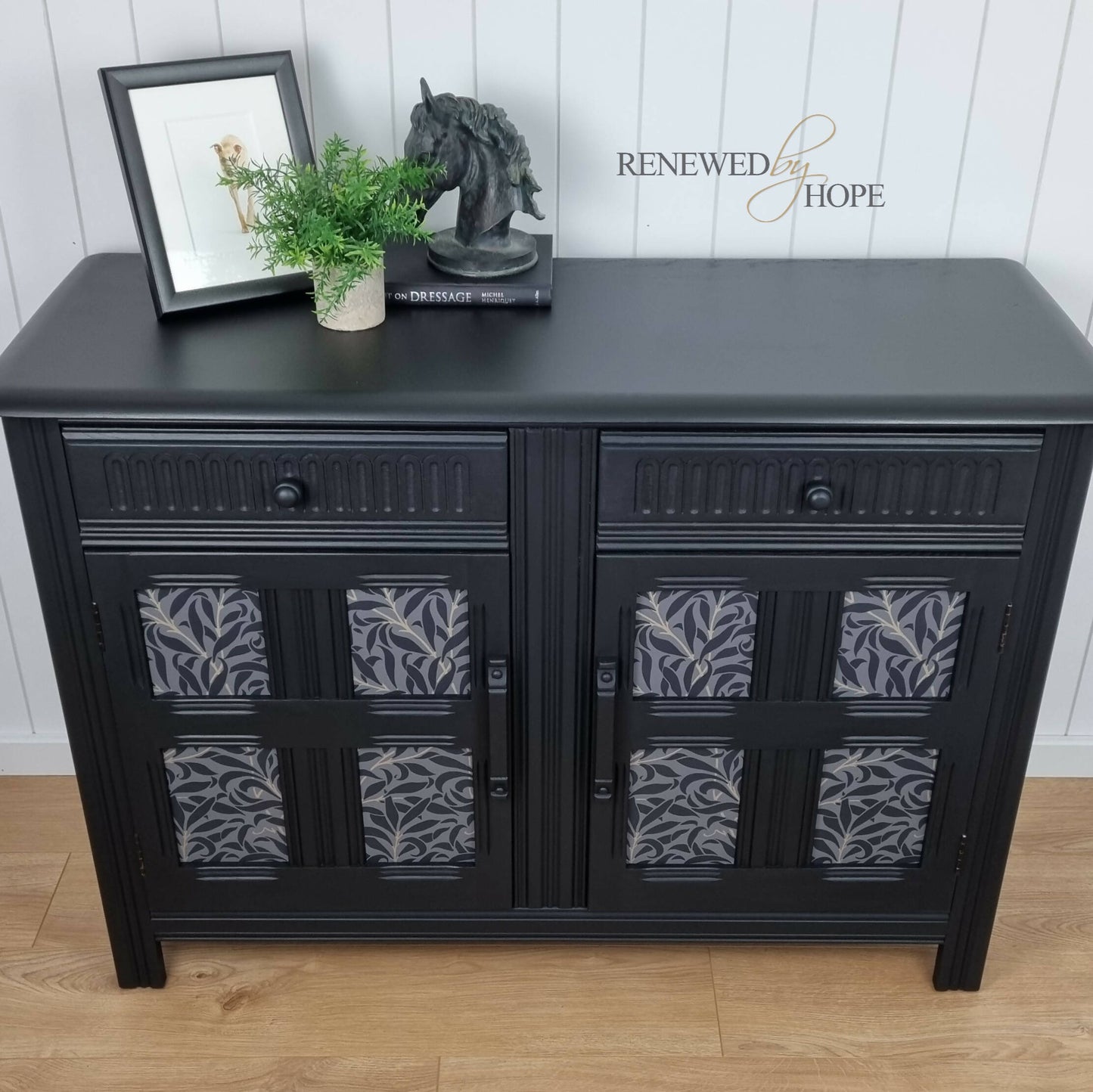 SOLD - Black Vintage Priory Sideboard / Cupboard / Storage with William Morris Willow Bough detail, Hallway, Dining Room, Upcycled