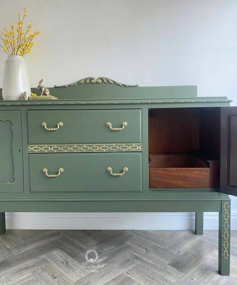 Vintage Dark Green Painted Sideboard with Gold Detail