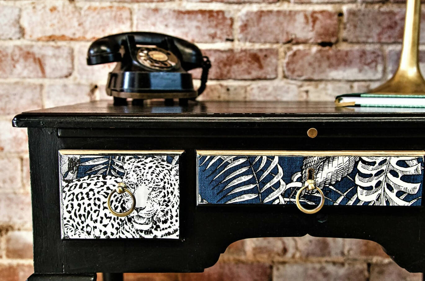 Desk, console table, black, painted, upcycled, decoupage