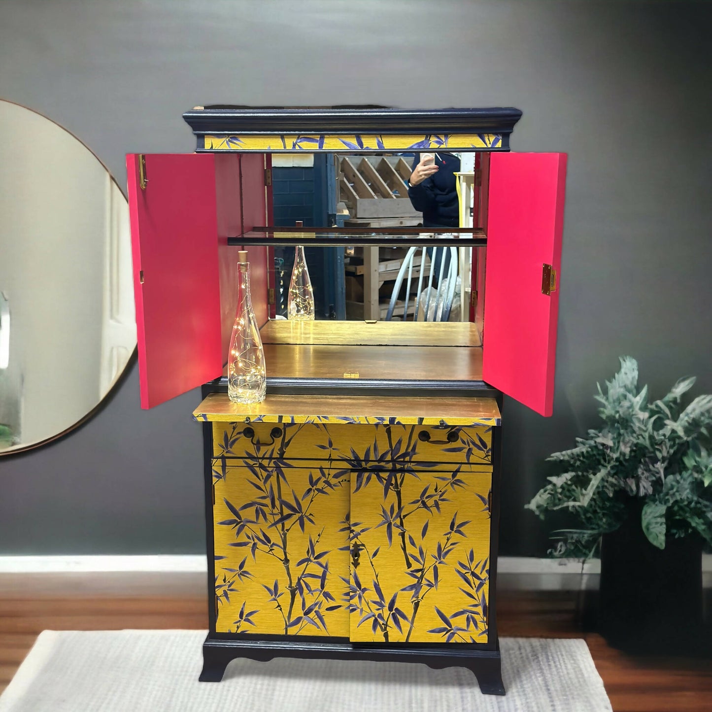 **This Item is Sold** Hand painted cocktail cabinet enrobed in a stunning Japanese style bamboo leaf print.