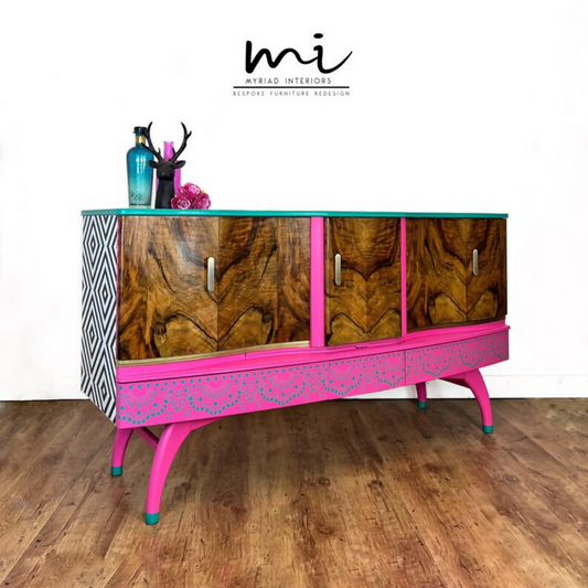 Refurbished Maximalist Beautility sideboard, kitsch cocktail drinks cabinet, walnut, bright gin bar hot pink - SOLD commissions available