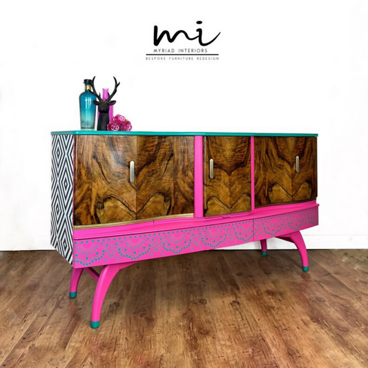 Refurbished Beautility sideboard, kitsch cocktail drinks cabinet, walnut, bright gin bar hot pink