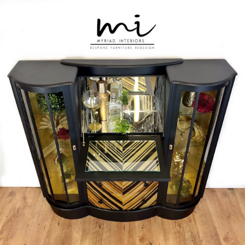 Refurbished vintage cocktail cabinet, black gold chevron, drinks bar, gin, upcycled bureau, sideboard display - commissions available