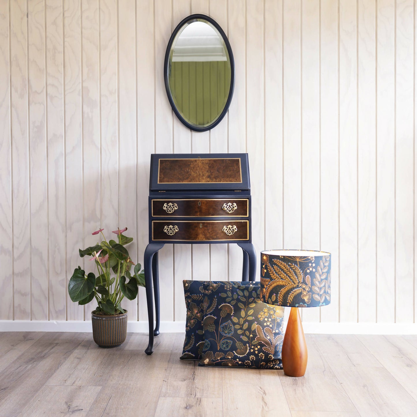 Unique vintage women's writing desk, transformed with the enchanting blue Verbena Kew Gardens cotton fabric decoupage. Sold, commission available.