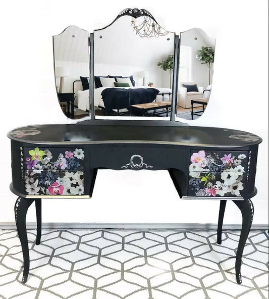 Black French Olympus Dressing Table With Mirror