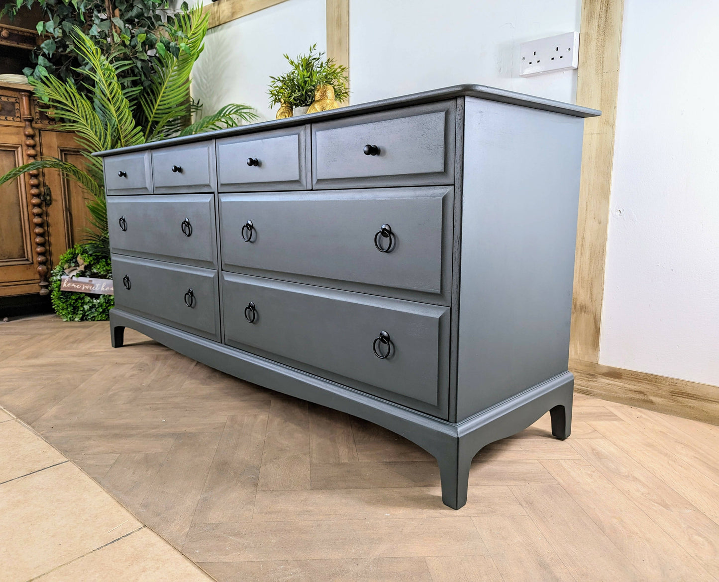 Refurbished vintage stag minstrel captains chest of drawers, spray painted extra large, deep green, extended, sideboard