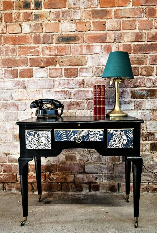 Desk, console table, black, painted, upcycled, decoupage