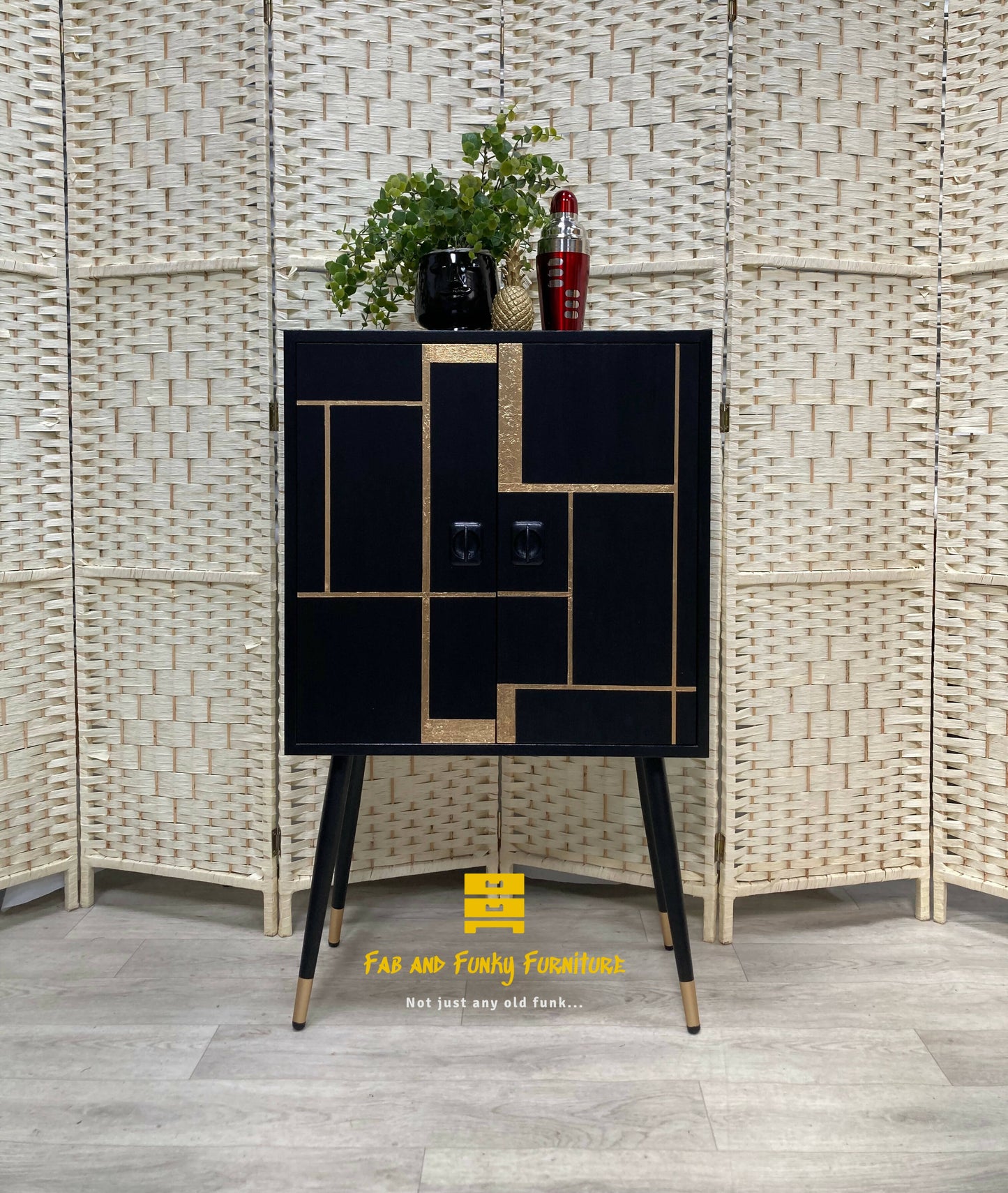 SOLD! MCM Black and gold leaf Drinks Cabinet on Steel Legs - Danish Teak (Maria)